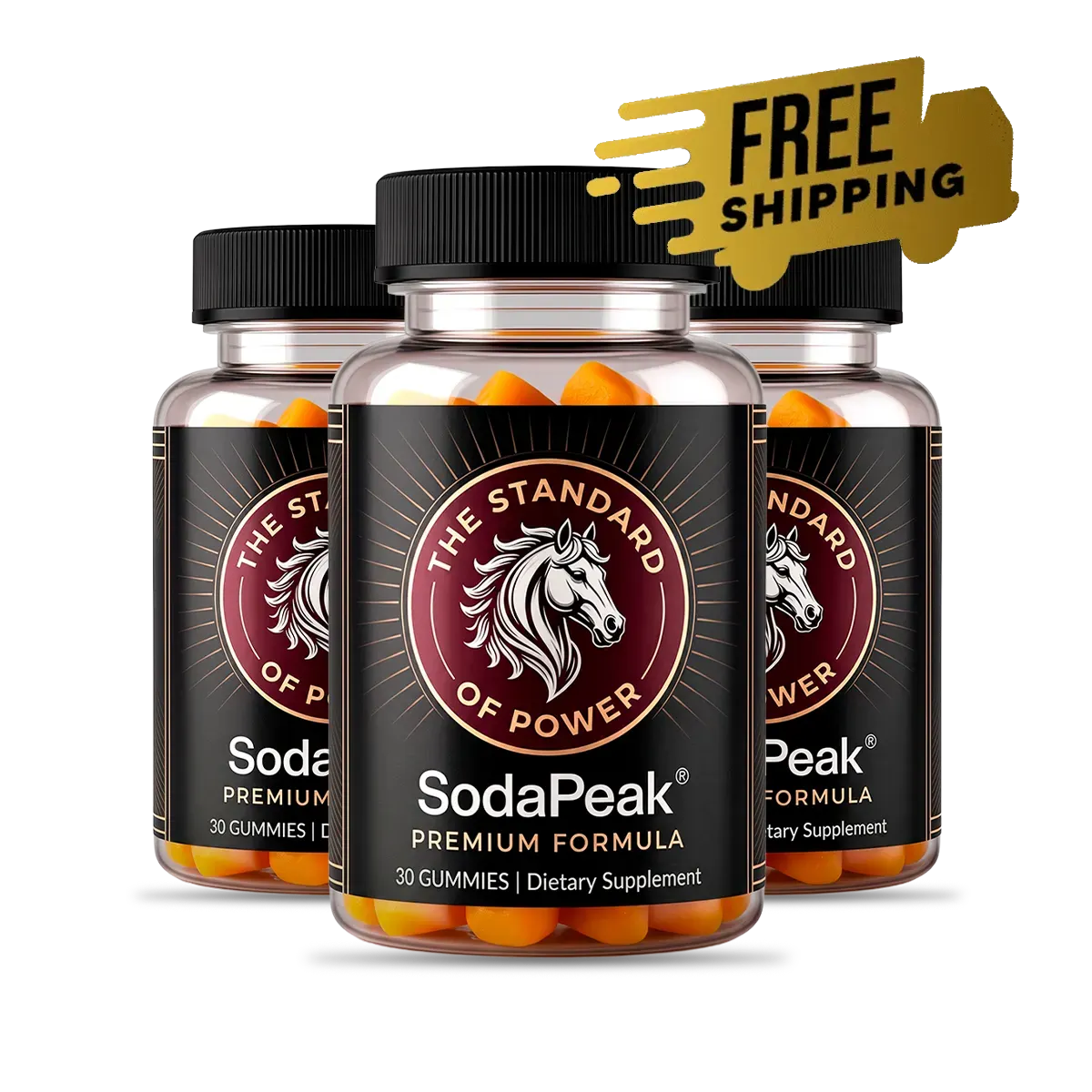 Three bottles of Soda Peak Gummies with free shipping badge
